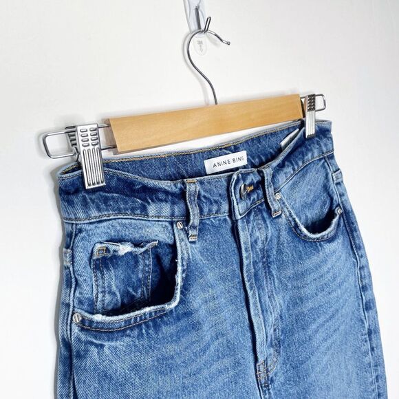 Anine Bing Sonya High Rise Raw Hem Jeans Straight Leg Med Wash Blue Size 25 - Picture 3 of 7